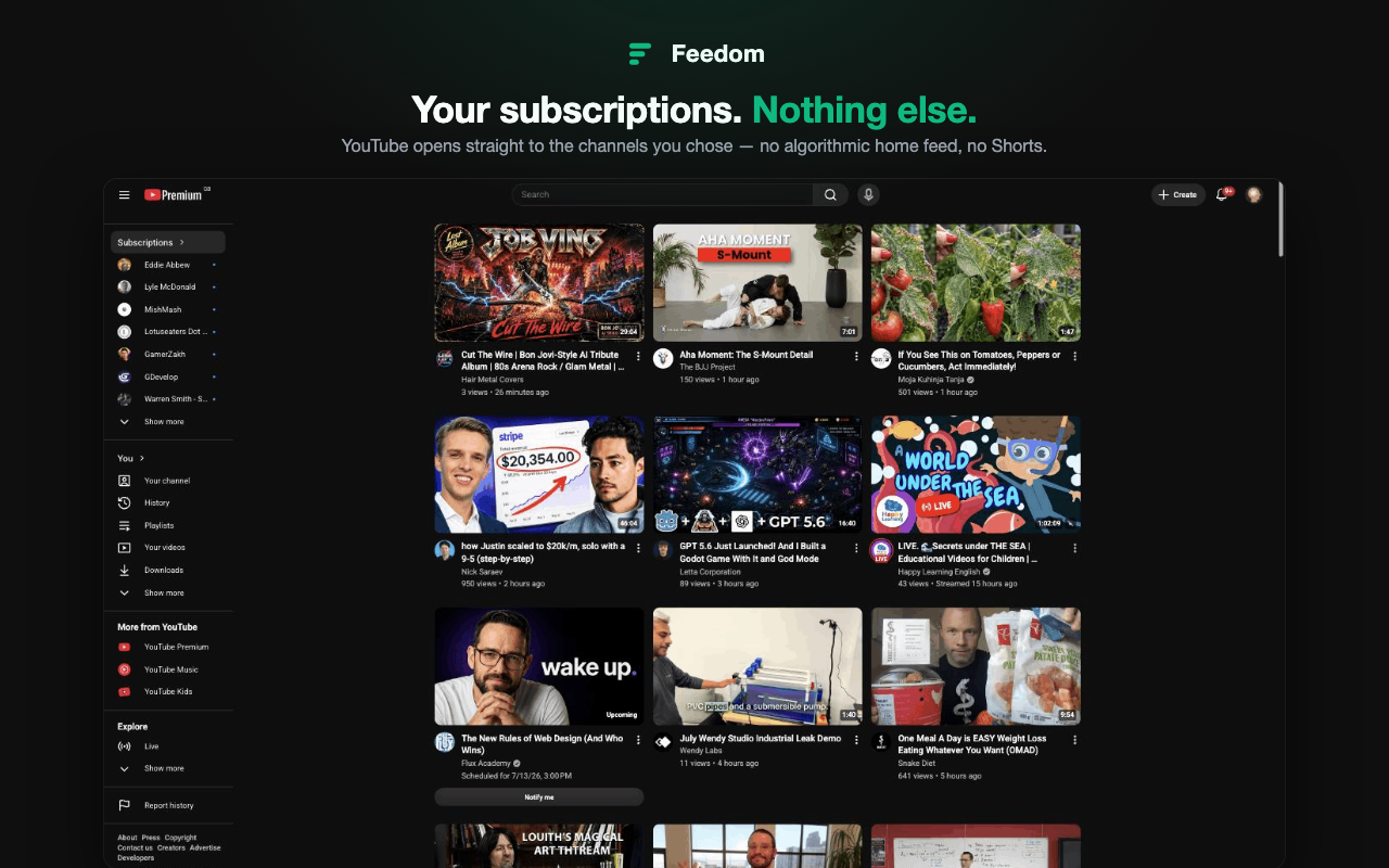 YouTube subscriptions feed filtered by Feedom — no Shorts, no recommendations
